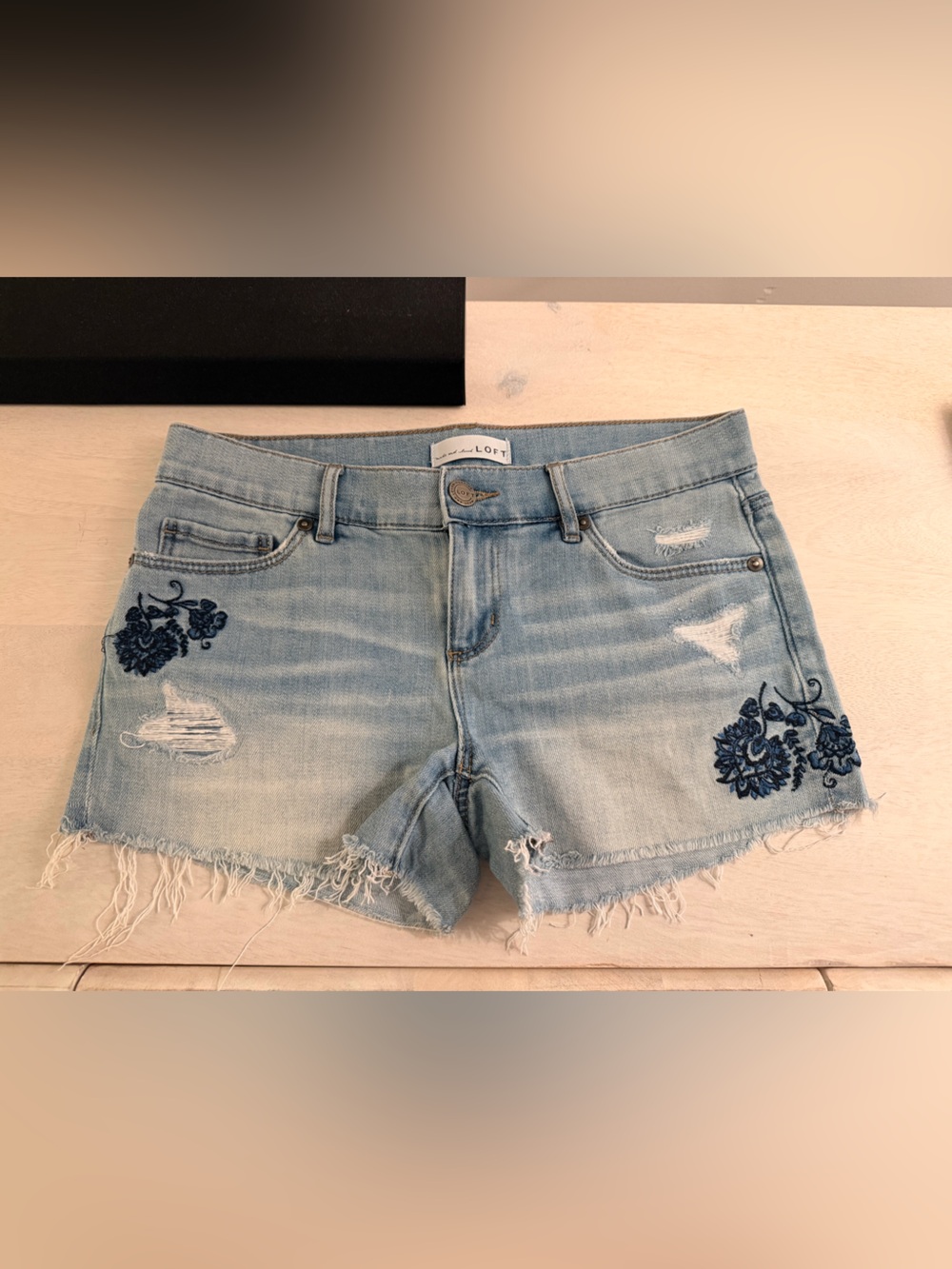 LOFT Light Blue Denim Shorts with Navy Floral Embroidery